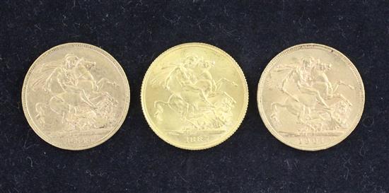 Three Victoria gold sovereigns,